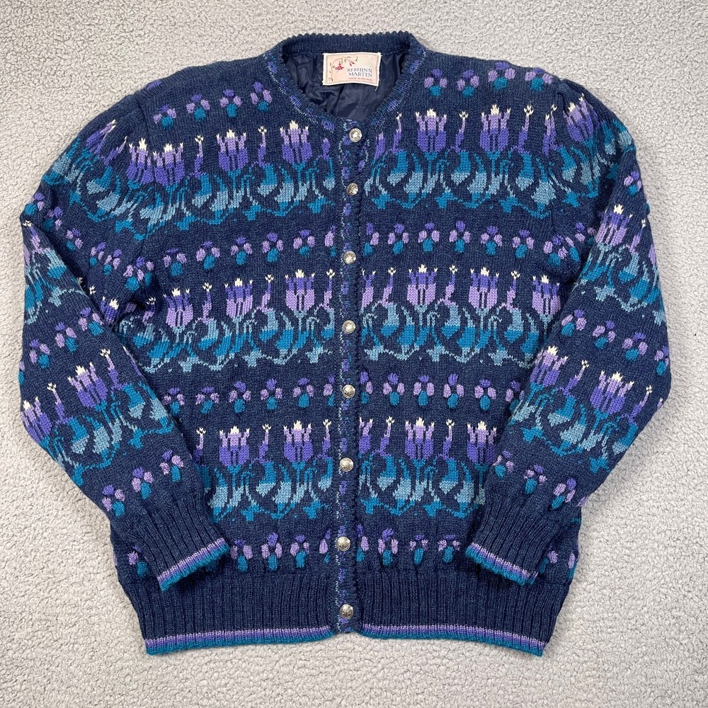 Vintage Bebhinn Marten Wool Cardigan Sweater Women L Blue Floral Made in Ireland